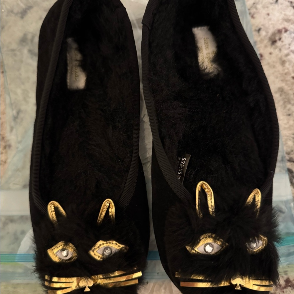 Kate Spade Black and Gold Cat Slippers